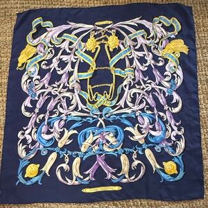 Hermes "Le Mors à la Connétable" Silk Scarf Navy Blue by Henri d'Origny 1985 85”